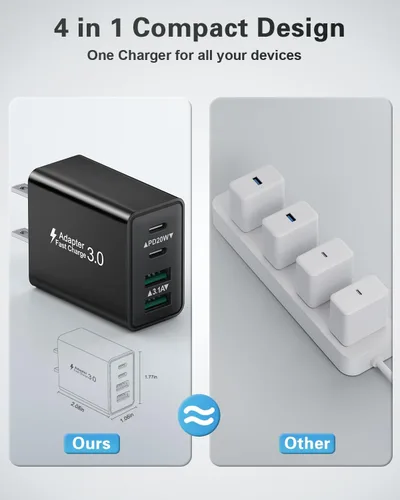 Vista 5 de Bloque de carga USB C, cargador de pared USB C de 40 W, adaptador de corriente PD de doble puerto, enchufe de pared QC USB C, bloque de carga rápida