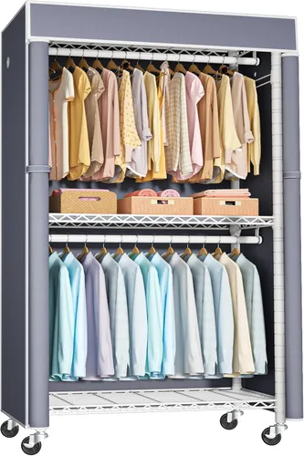 Vista 8 de FUTASSI Perchero para ropa con cubierta, armarios rodantes P1C con ruedas, perchero de metal para colgar ropa, armario de almacenamiento de ropa