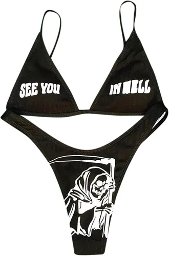 Vista 103 de AIBEARTY Traje de baño de dos piezas con estampado de calaveras para mujer, conjunto de bikini triangular de corte alto para fiesta, festival
