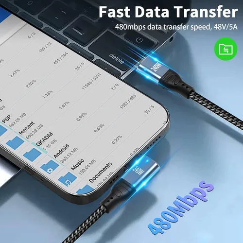 Vista 4 de Duttek Cable de carga USBC en ángulo recto de 6.6 pies/6.6 ft, cable USB C de 240 W, cable de carga rápida, USB tipo C macho a macho, cable trenzado