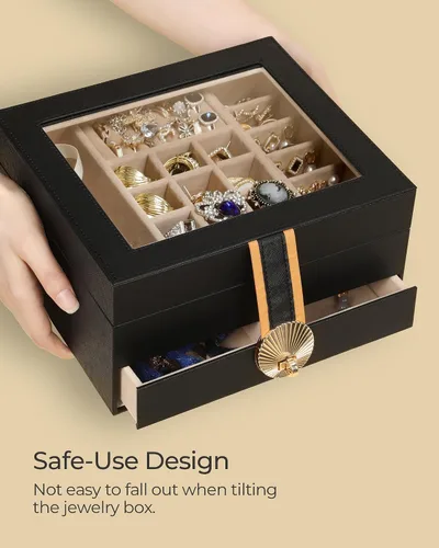 Vista 7 de Hzuaneri Joyero de 3 capas, organizador de joyas con tapa de vidrio, 1 soporte individual para joyas, 1 cajón, estuche de joyería de piel sintética