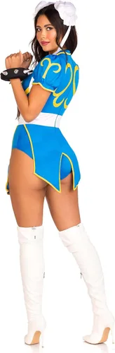 Vista 4 de Leg Avenue Disfraz de ChunLi de Street Fighter para mujer, Azul Patchwork