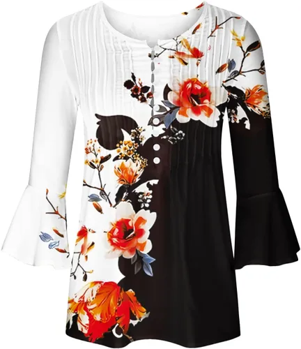 Vista 49 de Ceboyel Blusa tipo túnica con estampado floral para mujer, con botones, estilo Henley, con manga de codo, casual, trajes de moda para mujer