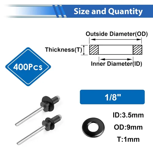Vista 2 de 400 piezas de arandelas de remache pop de 1/8 pulg. negras para remaches pop de diámetro 1/8" de acero inoxidable 304, arandelas de remache pop