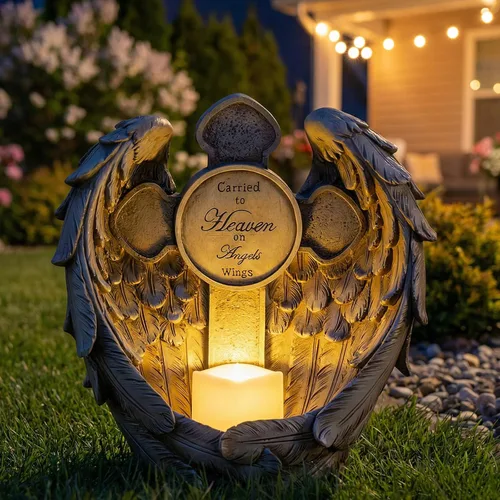 Vista 9 de Estatua conmemorativa de alas de ángel solar con vela LED y cruz, decoración de tumbas de resina resistente a la intemperie para cementerio, regalos