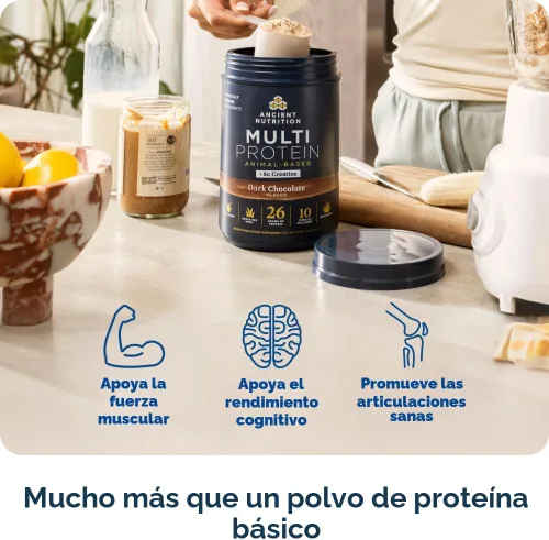 Vista 2 de Ancient Nutrition Multi Proteína + Creatina, Caldo de Huesos, Suero, Choc