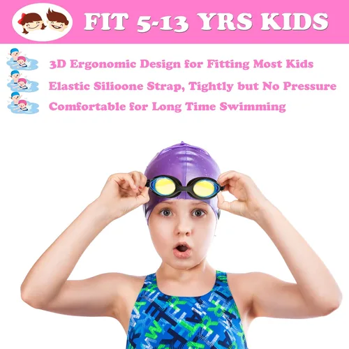Vista 5 de EWPJDK Gafas de natación para niños, paquete de 2 gafas de natación antivaho sin fugas para niños de 3 a 15 años