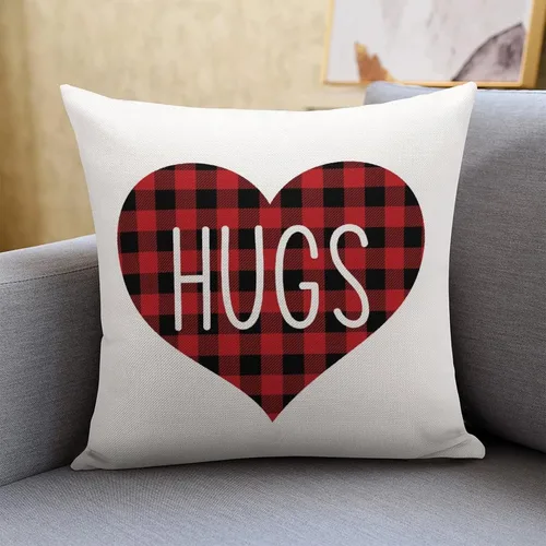 Vista 10 de Red and Black Buffalo Plaid Love Heart Hugs and Kisses Decorative Pillow Cover for Sofa Couch Chair Office Decor 16"x16",Romantic Valentine Pillow