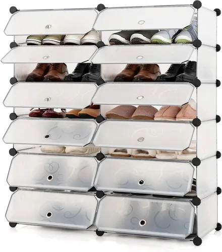 Vista 8 de HAPPYGRILL Organizador de zapatos, armario modular de plástico de 12 cubos con estantes de zapatos de 6 niveles y puertas transparentes, diseño