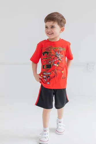 Vista 2 de Power Rangers Conjunto de camiseta verde Ranger, Ranger rojo, camiseta azul Ranger y pantalones cortos de malla para niños pequeños a grandes