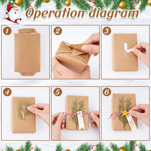 Vista 4 de Cholemy Juego de papel de regalo de Navidad de 15.7 pulgadas x 65.6 pies con ramas de pino natural, papel de estraza de algodón, calcomanías