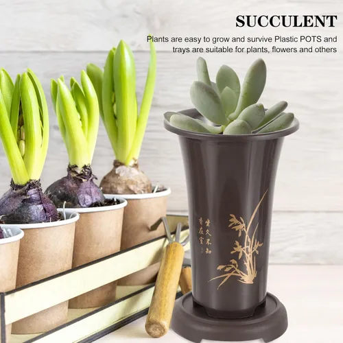 Vista 9 de Macetas de orquídea de cerámica con platillo, juego de 2 macetas grandes para interiores, color arcilla morada, macetas de vivero para plantas