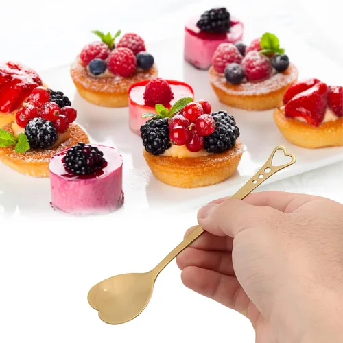 Vista 3 de Pssopp 2 cucharas de postre de café, diseño en forma de corazón, cuchara de metal para agitar, té, postre, bebidas, helado, Oro, Moderno