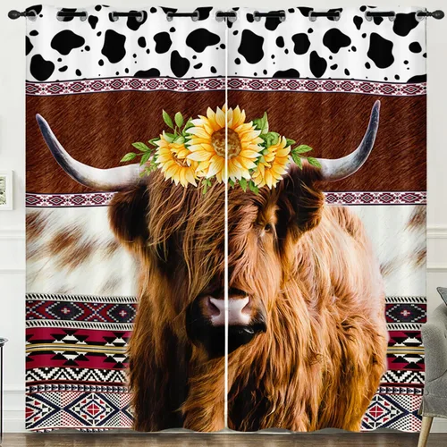 Vista 7 de HOSIMA Impresión 3D de pintura al óleo de las tierras altas de vaca y girasol cortinas para sala de estar, juego de 2 paneles de 45 pulgadas de Azul
