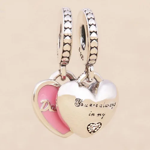 Vista 5 de Madre e hija corazones cuelgan encanto 925 colgante de plata esterlina, joyería cuentas regalos para mujeres pulsera y collar A0223, Plata