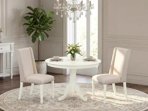 Vista 2 de East West Furniture HLFL3-LWH-01 Juego de mesa de comedor de 3 piezas contiene una mesa de cocina redonda con pedestal y 2 sillas de comedor Parson
