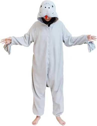 Vista 4 de Pijama unisex de una pieza de manatí para adultos, disfraz de animal de felpa para Halloween, Navidad, para mujeres y hombres