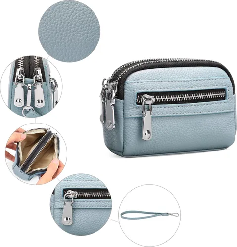 Vista 3 de SENDEFN Monedero para mujer de cuero con doble cremallera alrededor de bolsa pequeña, Azul