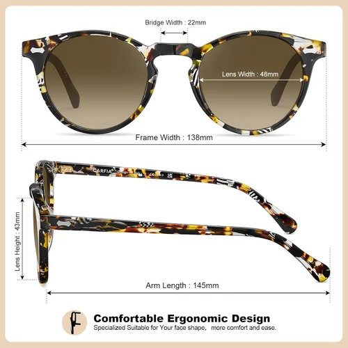 Vista 16 de CARFIA Gafas de sol polarizadas de acetato redondo para mujer, protección UV de cara pequeña con funda de cuero CA5288