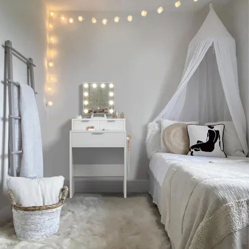 Vista 8 de BOLUO Escritorio de Maquillaje Blanco con Espejo de Hollywood y Luces, Mesa Compacta de Maquillaje para Niñas con Cajones y Enchufe para Dormitorio