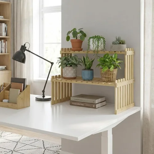 Vista 3 de MyGift soporte para plantas de bambú natural con 2 niveles, para el escritorio, color café