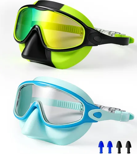 Vista 14 de Gafas de natación para niños de 3 a 15 años con tapones para los oídos, marco grande, gafas de natación antivaho/UV para niños, niñas y bebés, 2