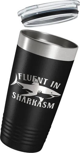 Vista 3 de Fluent in Sharkasm Tumbler Sarcasm Travel Mug Funny Shark Gift Insulated Laser Engraved Coffee Cup 20 oz Black
