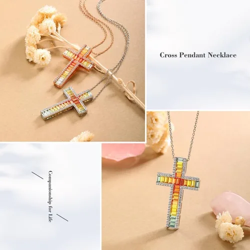 Vista 4 de RANDES Collar de plata de ley 925 con cruz grande para mujer, colgante de piedra de cristal colorido