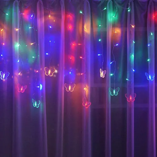 Vista 8 de Luces de Hadas de Cortina de Mariposa con Enchufe USB, 8 Modos 96 LED 11.5 Pies Luces de Cadena Centelleantes de Luciérnaga para Ventana con Púrpura
