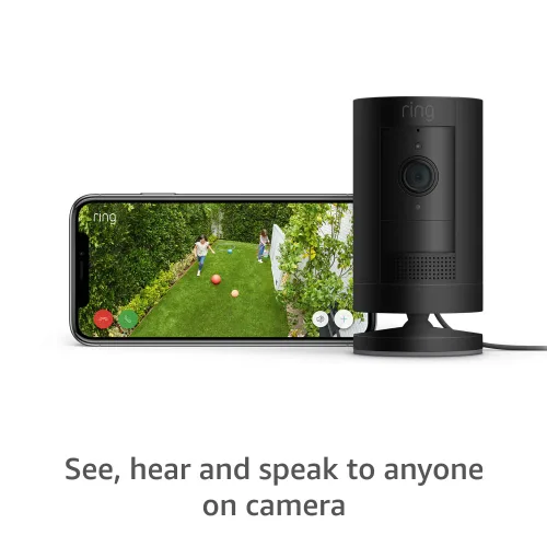 Vista 3 de Ring Stick Up Cam Plug-In HD cámara de seguridad con comunicación bidireccional Funciona con Alexa - Negro