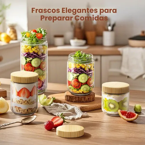 Vista 4 de Paquete de 2 recipientes para avena nocturna de 10 onzas con tapas de bambú, frascos de vidrio con tapas herméticas para preparación de comidas
