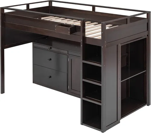 Vista 4 de RUNNA Cama tipo loft moderna de madera con armario y escritorio Cama loft espresso+Gabinete +Escritorio