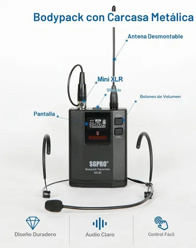 Vista 3 de SGPRO SG-82BB Sistema de micrófono inalámbrico doble, 520-590 MHz