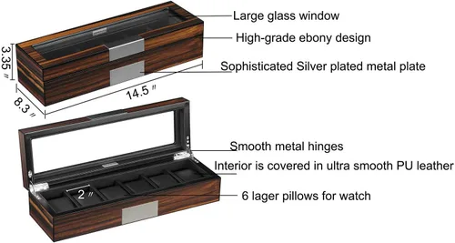 Vista 5 de Caja de 6 relojes Organizador de reloj para hombre Caja de almacenamiento de reloj grande Caja de almacenamiento de madera 6 relojes vitrina