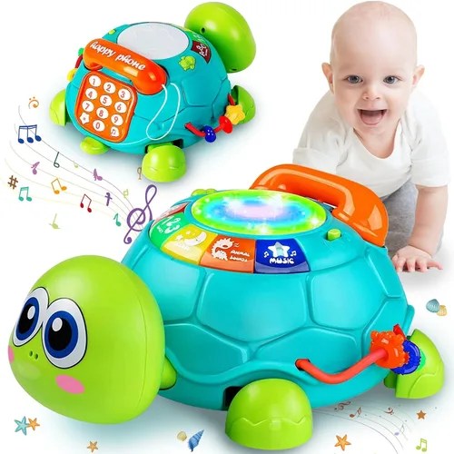 Vista 7 de Ussybaby Juguetes Musicales de Tortuga para Bebés de 6 a 12 Meses, Juguete Musical Iluminado para Tiempo Boca Abajo del Bebé con Teléfono, Juguetes
