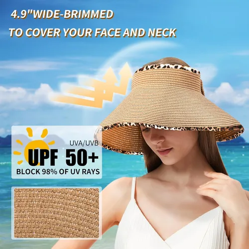 Vista 2 de MAYLISACC Viseras solares plegables de paja para mujer, protección solar de ala ancha, sombrero de playa ajustable en topless