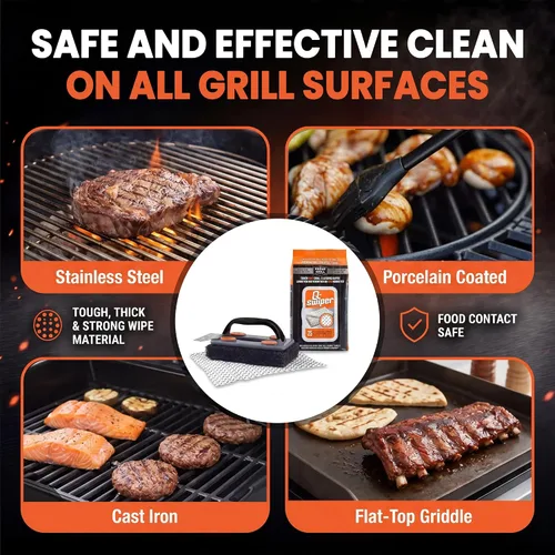 Vista 7 de Proud Grill Q-Swiper - Juego de limpiador de parrilla para barbacoa, 1 cepillo de parrilla con raspador y 25 toallitas de limpieza para parrilla