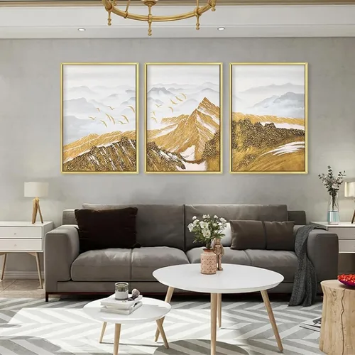 Vista 3 de Cartel de la naturaleza Cuadros abstracta del paisaje del pájaro de la montaña de la nieve. Impresiones en lienzo Arte de la pared