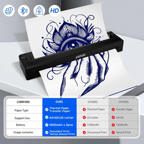 Vista 2 de Impresora de plantillas de tatuajes para principiantes y artistas, impresora de tatuajes térmica inalámbrica con 10 piezas de papel térmico y 3