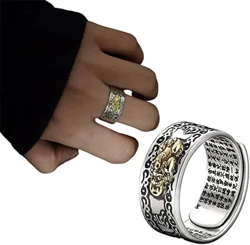 Vista 2 de Anillo de Feng Shui, anillo Pixiu, 4/8 piezas de Feng Shui Pixiu Mantra Original, anillo budista ajustable, sutra Feng Shui para hombres y mujeres