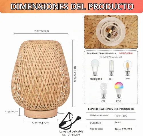 Vista 5 de Lámpara de mesa de tejido de bambú con base de madera natural hecha a mano, luz nocturna de noche para dormitorio, lámpara de escritorio retro, luz