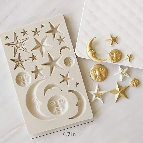 Vista 2 de Moon Stars Sun Face Molde de silicona para fondant, caramelo de chocolate, pasta de goma, herramienta de decoración de pasteles, herramientas