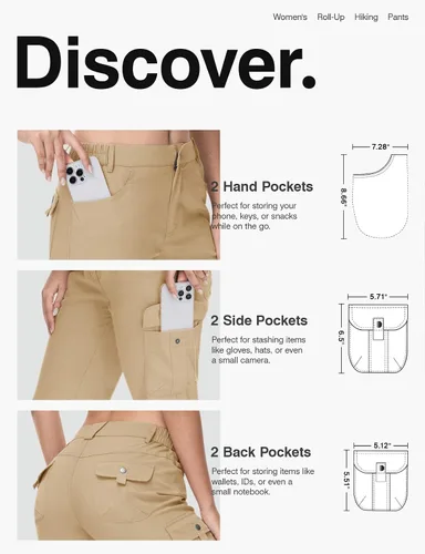 Vista 4 de TBMPOY Pantalones de senderismo para mujer, convertibles, enrollables, capri, de secado rápido, ligeros, con bolsillos de carga al aire libre