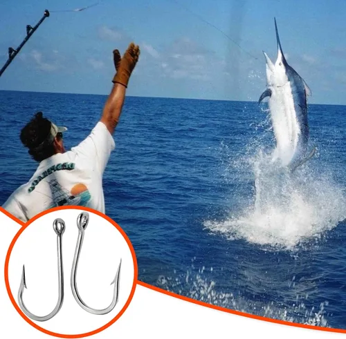 Vista 7 de Anzuelos de pesca de atún de agua salada, 15 piezas de acero inoxidable, ganchos grandes forjados, anillos extrafuertes, aparejos de pesca de agua