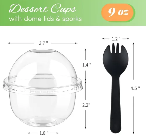 Vista 2 de Zezzxu Paquete de 50 Vasos de Postre de Plástico de 9 oz con Tapas de Cúpula (Sin Agujero) y Sporks, Vasos de Frutas Desechables Transparentes