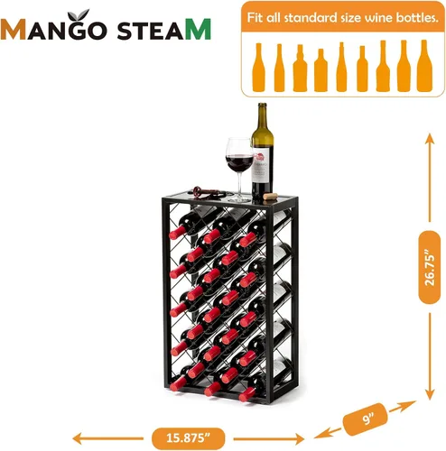 Vista 4 de Mango Steam Botellero negro para 23 botellas con estante superior de cristal, independiente para el hogar, cocina y bar