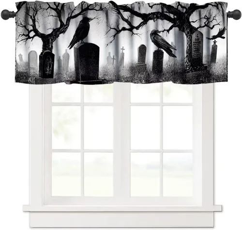 Vista 28 de Cortina de cenefa para fiesta de Halloween, diseño de dibujos animados, lindo fantasma, castillo sombrío, calabaza, murciélago, bolsillo para barra