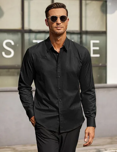 Vista 2 de COOFANDY Camisa de vestir de negocios para hombre, manga larga, casual, ajustada, con botones