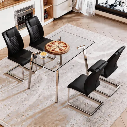 Vista 29 de Juego de mesa de comedor de cristal para 4, mesa rectangular con 4 sillas de cocina de cuero blanco, juego de comedor de cocina de 51 pulgadas, mesa