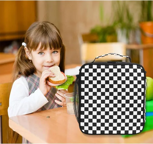 Vista 6 de Lonchera con patrón de cuadros blancos y negros, bolsa de almuerzo aislada, bolsa de preparación para niños, correa de hombro congelable a001
